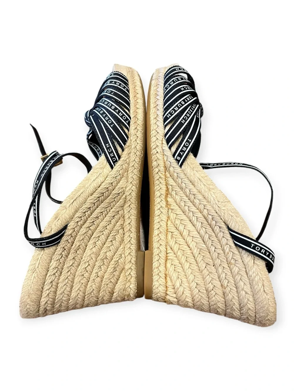 TORY BURCH Perfect Navy/New Ivory Ribbon Wedge Espadrilles